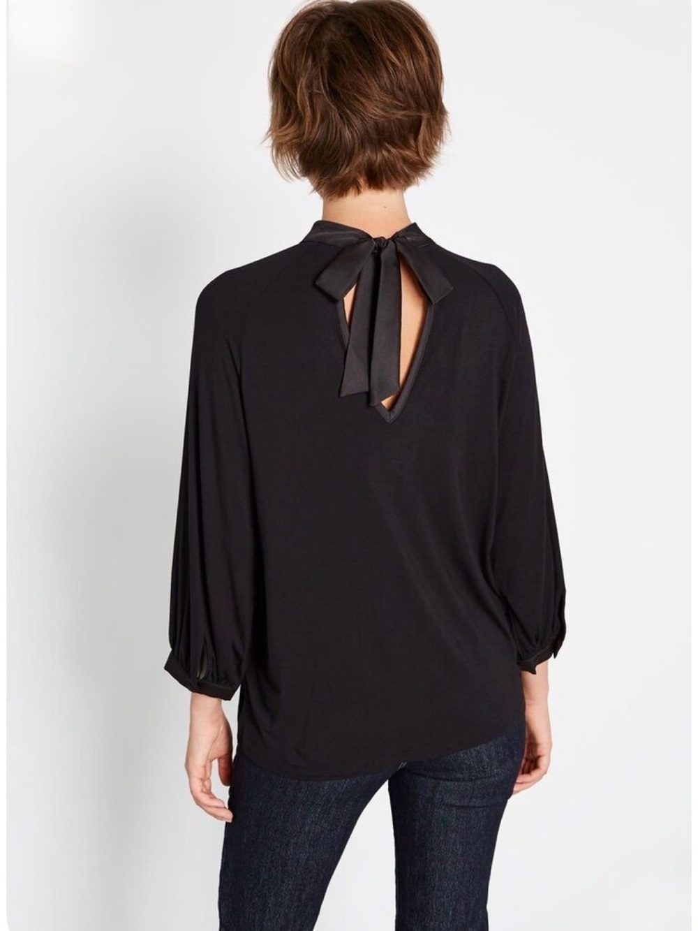 ModCloth Mock Neck Tie Back Keyhole Top 3/4 Sleeve | Black | XS